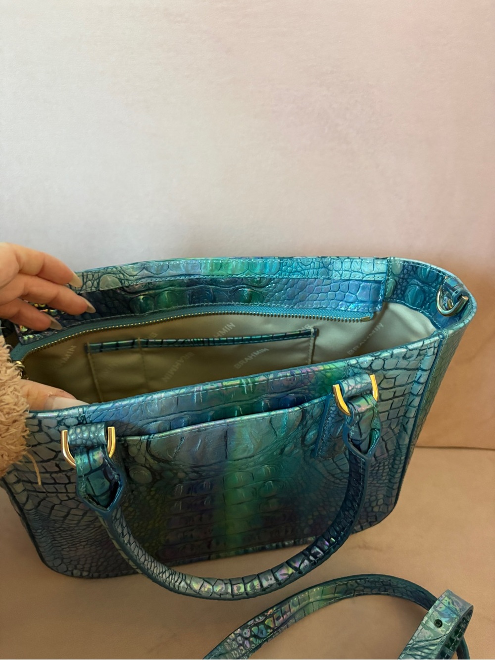 Brahmin Iridescent Teal Croc-Embossed Shoulder Bag - Picture 3 of 4